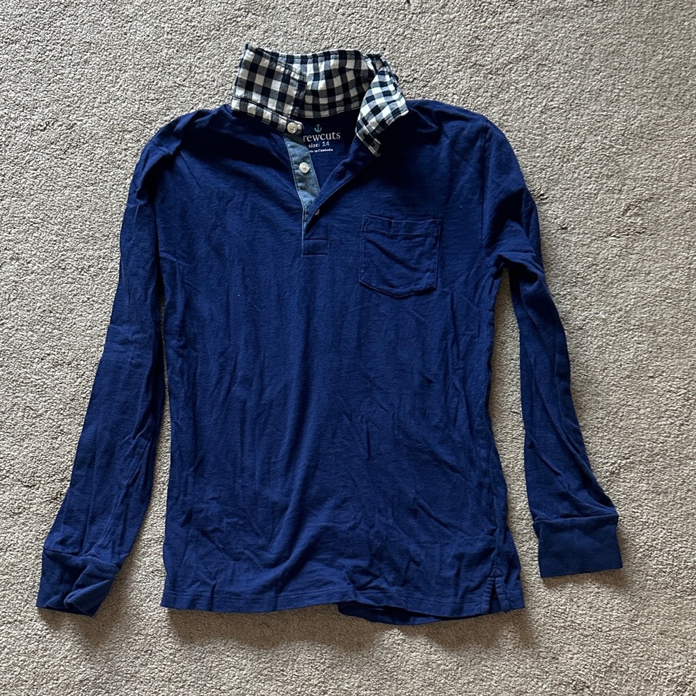 J.Crew Factory Boy's Navy Long-Sleeve Polo with Contrast Plaid Collar
